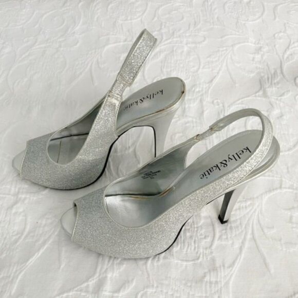 Kelly & Katie Silver Glitter Sparkle Peep Toe Sling Back Platform Heels Size 8.5 - Picture 3 of 6